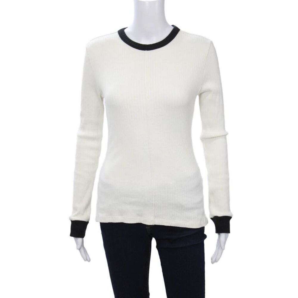 Parni Women White Ringer T-Shirt Long Sleeve Crew Neck Cotton Size S